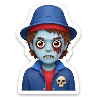 brown fluffy hair zombie with blue and white hat dark blue jilet red t shirt sticker