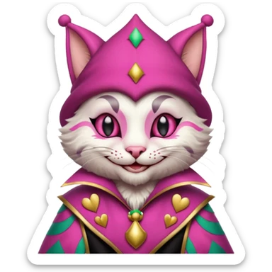 court jester cat medieval, single poker card joker clearly visible, pink, face only sticker