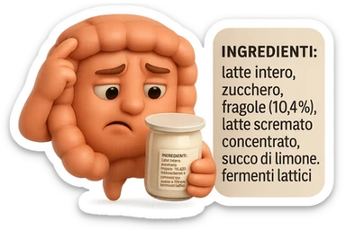 SU QUESTO STILE FAI UN EMOJI STILE IPHONE 3D DI UN INTESTINO CHE HA IN MANO UN BARATTOLO DI YOGURT CONFEZIONATO DA SUPERMERCATO E LEGGE L'ETICHETTA NUTRIZIONALE CON GLI INGREDIENTI IN ITALIANO, ACCANTO ALLO YOGURT CHE HA IN MANO C'è UN FOCUS SULL'ETICHETTA CON GLI INGREDIENTI SCRITTI, FAGLI UN ESPRESSIONE CONFUSA MENTRE LEGGE E FALLO MOLTO REALISTICO IN 3D sticker