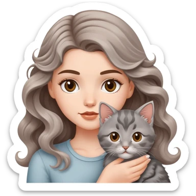 A beautiful  white girl with big brown waves and  a gray kitten and tococo sticker
