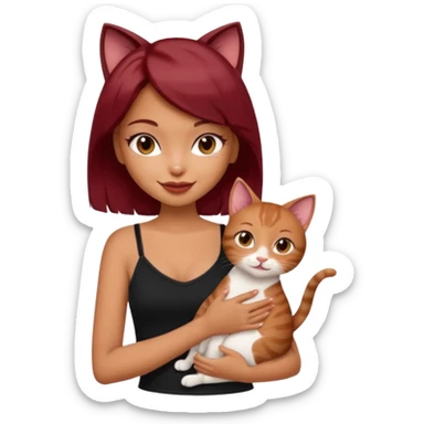 generate a pretty bratz girl with short dark red hair holding a cat smiling. Wearing a black cami sticker