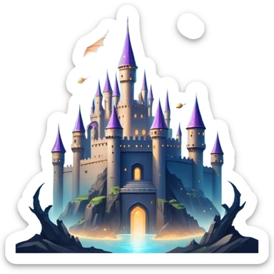 Icon for Fantasy and Sci-Fi Movies: A magical collage with flying dragons. futuristic spaceships and UFOs. Stars and planets shimmer in the background with a mystical castle Hogvards an ancient wizard and robots. The atmosphere is epic, otherworldly and adventurous. Transparent background. sticker