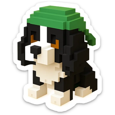 A black and white Russian Cocker Spaniel puppy wearing a green durag, voxel style, standing sticker