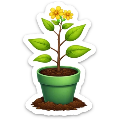 Close-up of a potted sapling with vibrant flowering plants around it, in rich soil. Sunlight filters through the window, casting soft shadows. Cozy indoor garden with blooming flowers, succulents, and gardening tools placed neatly on a wooden table. sticker