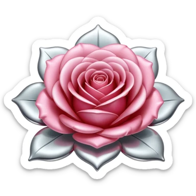 A rose emoji made of liquid silver metal, smooth metallic petals, reflective chrome surface, soft gradients, elegant shape, minimalistic iOS emoji style, centered, clean white background, realistic highlights, no text sticker