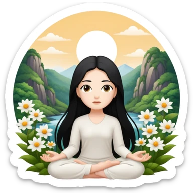crea un chica blanca con cabello negro largo bonita de ojos marrones vestida de blanco conectando con la naturaleza rodeada de flores meditando  sticker