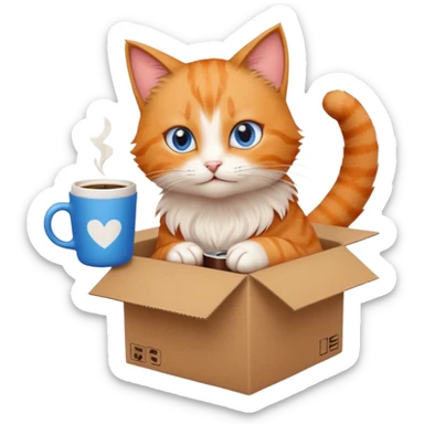 anime character cat that is orange cat, that its body is inside of a brown box. cats eyes are blue , but head is howing up. coffee cup is white sticker