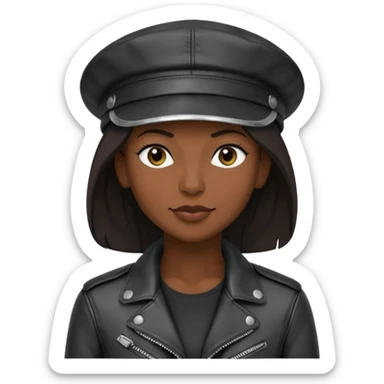 a leather Dom lesbian woman in her 40s with a black leather cap and black leather jacket sticker