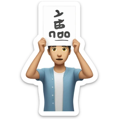 asian person holding lage paper sign above their head with both hands sticker