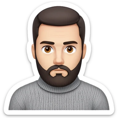 Man with square face, trimmed full beard, thick eyebrows, short dark hair combed back. Serious-neutral expression. Light gray thick knit sweater with folded collar. sticker