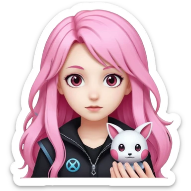 A cute goth girl with long pink hair whose a pokemon trainer  sticker