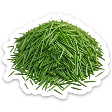 loose scatter of finely chopped dry green herb bits, short tubular shapes, crisp matte texture, uniform thin straight pieces, vibrant to muted green tones, evoking dried chive stalks, soft lighting, subtle shadows, emoji scale sticker