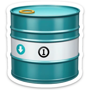 Oil barrel in cool tones with sky blue, teal green, white, and light gray sticker