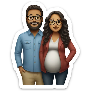 pregnancy announcement, latina woman with glasses standing with white male with glasses and beard  sticker