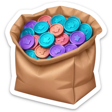 coins in gradient of turquoise, blue, pink, purple, and coral color inside a brown bag sticker