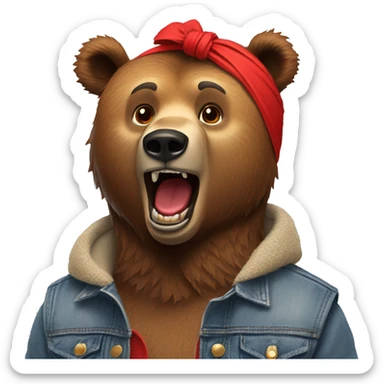 grizzly bear wearing sleeveless jean jacket and red headband with open mouth sticker