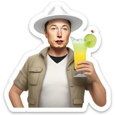Elon musk wearing a snow hat sipping a margarita at the empty beach during sunset sticker