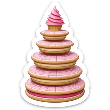 3D render of Wafer Tower, made entirely of dessert materials, glistening sugar crystal texture, grid-patterned beige cookie with pink cream filling, delicious confectionery aesthetic, Apple emoji style, isolated on white background --v 6.0. sticker