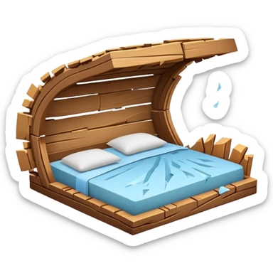 A bed broked in half with some particules of wood flying with it sticker
