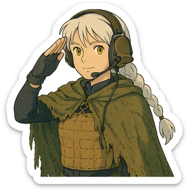 1 female, mid 20's, white hair in a long braid, gold yellow eyes, adorned in a black long sleeve shirt, tan body armor and a worn olive-green cloak with netting holding it together. She wears a COMTAC headset. is giving a stealthy salute sticker