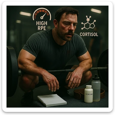 Add floating icons for high RPE and cortisol above the subject's head, maintaining the original style and colors. sticker