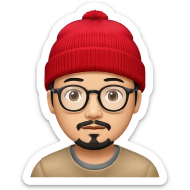 Asian man with black goatee, glasses, wearing a small red beanie sticker