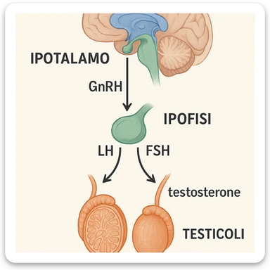 clear and realistic infographic of the HPT axis (hypothalamus-pituitary-testes): showing hypothalamus, pituitary gland, and testes connected by arrows, including hormone names (GnRH, LH, FSH, testosterone), simple diagram, distinct colors for each part, scritte in italiano sticker