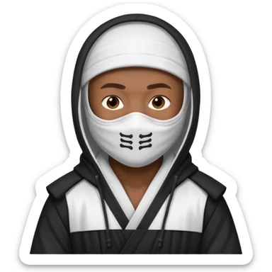 All white ninja robe with white ski mask to cover face and neck with a hoodie on and dark brown skin color sticker