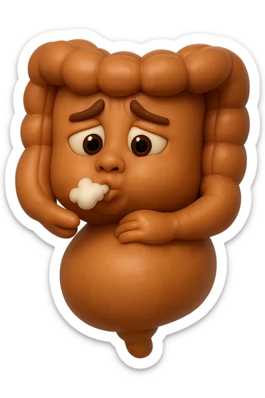 emoji stile iphone di un intestino che ingoia una nuvoletta di aria ben visibile e gli si gonfia la pancia, non fargli il naso, iperrealistico 4k sticker