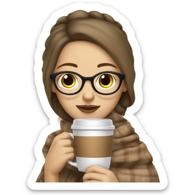 White brunette girl sipping a cappuccino covered in a blanket with glasses and a ponytail sticker