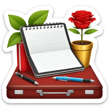 un letrero que diga VACACIONES y detrás un escritorio moderno, con una notebook, una agenda y una planta con una flor sticker