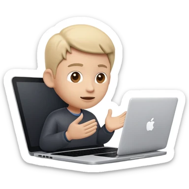 A dark-colored laptop with the screen open. From the screen, a person is emerging, standing or sitting as if giving a lecture or teaching. The person should look expressive and in a teaching pose. Soft shadows, semi-3D Apple emoji style, clean white background. sticker
