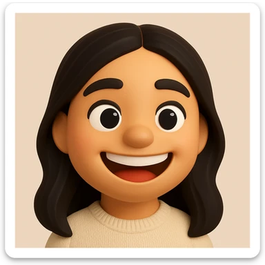 Create a 3D emoji-style portrait with a big smile, round face, large eyes, and a cheerful expression based on the reference image. The style should mimic the look of Microsoft style 3D fluent emojis, capturing the joyful and friendly vibe. sticker