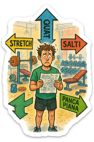 a person stands in the center of a gym, surrounded by arrows pointing in all directions, each labeled with a different exercise (e.g., “squat,” “Salti,” “stretch,” “Panca Piana”). The person looks bewildered, holding a workout plan with scribbles and question marks. The scene is colorful but visually messy, symbolizing confusion. in italiano immagine iperrealistica sticker