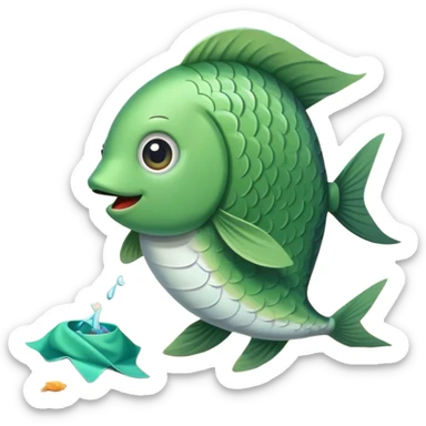 A fish wearing a green coat on the beach picking up litter.  sticker