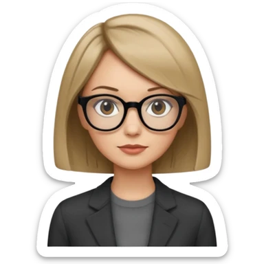 woman dark blonde petite bob haircut wears dark squarish glasses, classic clothes sticker