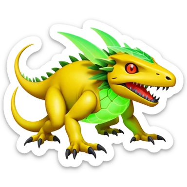 Tropical futuristic lush warm-colored neon Fakémon-Vernid-Digimon-creature sticker