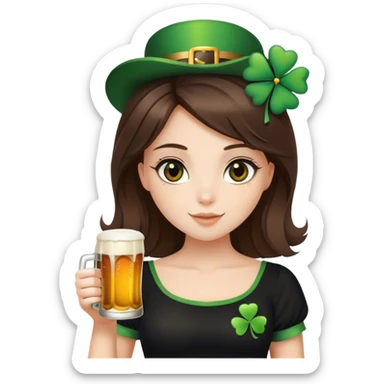brown eyes brunette hair down girl black top holding a beer make her st. pattys themed sticker