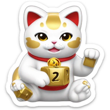 maneki neko holding golden dice showing numbers 2 4 and 6 sticker