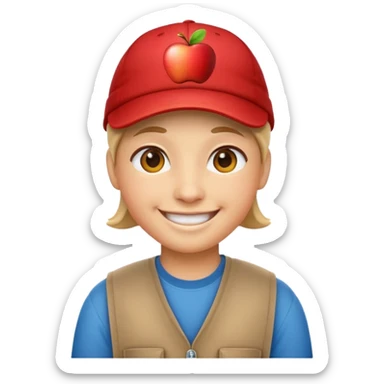 smiling face wearing a cap turned backwards, bright and friendly, apple emoji style sticker