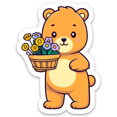 bear carrying a basket of wildflowers, soft pastel brown and cream, cartoonish sticker style sticker