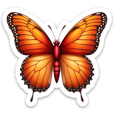 Cinematic Realistic Noble monarch Butterfly Portrait Emoji, Poised and elegant, with delicate, translucent wings rendered in rich ruby and scarlet hues, a slender, graceful body with intricately detailed textures, and soft, reflective eyes, illuminated by natural light, high shine, intelligent and regal, styled with an air of refined natural splendor, focused and attentive, soft glowing outline, capturing the essence of a watchful and confident monarch butterfly that appears to emerge majestically from the screen! sticker
