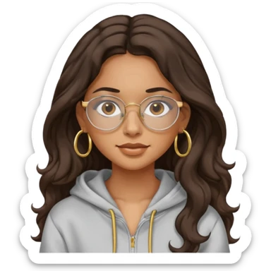 Make a girl with dark brown wavy hair and brown eyes she's tan latina and she has clear glasses and small hold hoop earings make her hair longer and her a hoodie sticker