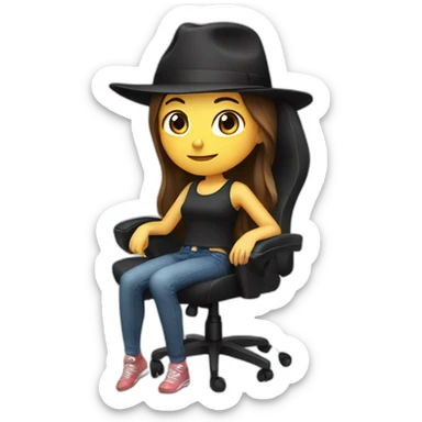 girl with brown hair sitting on a gaming chair, wearing a black hat sticker