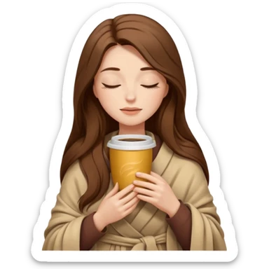 long brown hair woman closed eyes with beige blanket on her head, holding cup of coffee, autumn mood sticker