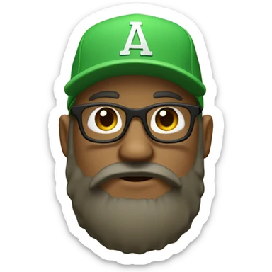 A 3D avatar with a green baseball cap, glasses, and a full beard on a beige background.

 sticker