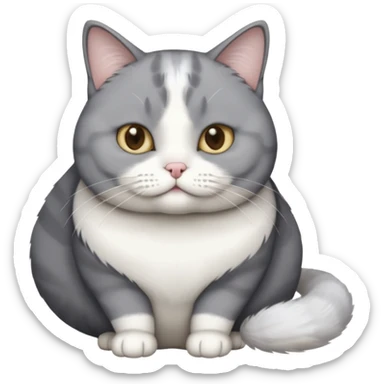 Gray and white tuxedo cat that is fat with white on top of tail and white on nose sticker