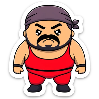 White skin fat guy with prominent black durag, short black beard and mustache, black eyes in a red and black wrestling singlet with angry face sticker