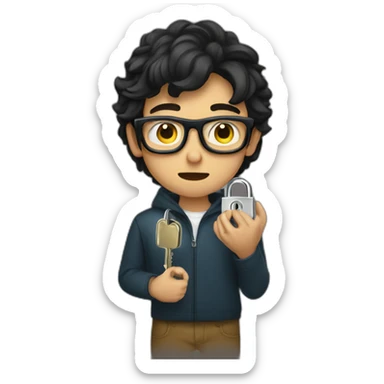 dark-haired young man with glasses struggling to fit a key into a lock sticker