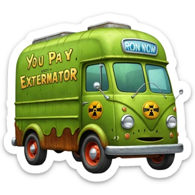 Heroic  SuperBug Ron’s slime-oozing exterminator antique tall moving van hot rod(motto: You pay me now!) sticker